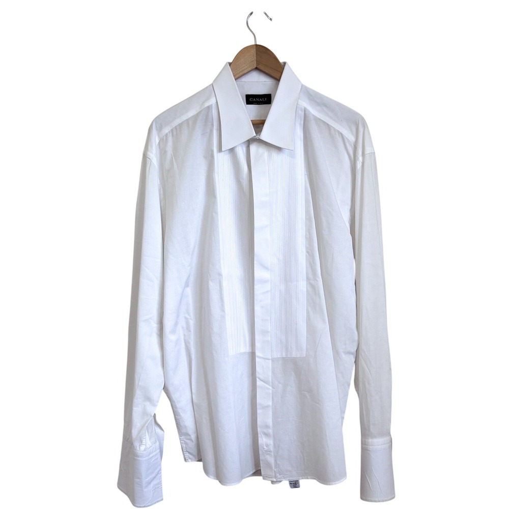 Canali Mens Classic Button Up Dress Shirt Size 46 18 White Long Sleeve Italy